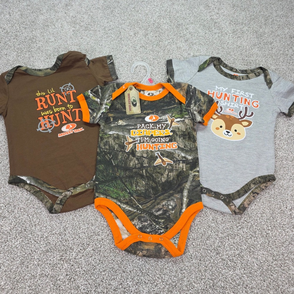 Mossy Oak Baby Boys 18M Hunting Bodysuits 3 Pack Camo Deer Runt NWT Brown Grey